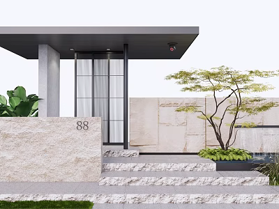 Modern Entrance Gate Design With Stone Wall House Number 88 Green Plants And Stone Steps 3d model