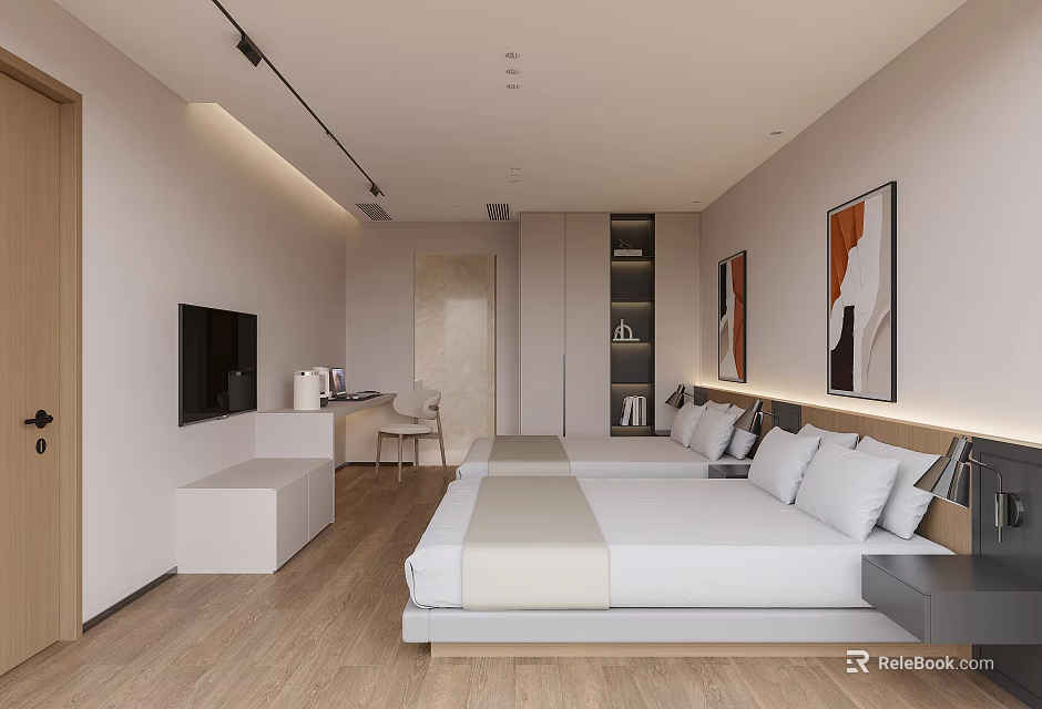 Modern Hotel Guest Room Featuring Twin Beds Wooden Flooring TV Desk And Artwork 3d model 