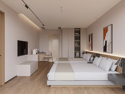 Modern Hotel Guest Room Featuring Twin Beds Wooden Flooring TV Desk And Artwork 3d model