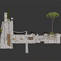 Ancient Stone Building Courtyard Design With Archway Steps Potted Plants And Trees