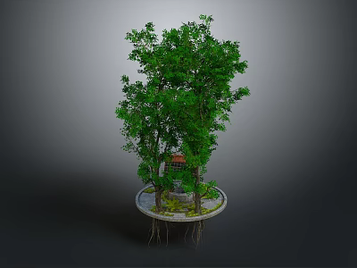 Cartoon Scene With Floating Platform Green Trees Small House And Hanging Roots 3d model