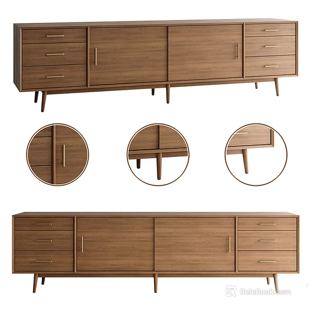 Wooden TV Stand with Modern Minimalist Design Drawers Cabinets and Tapered Legs 3d model 