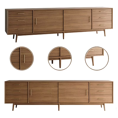 Wooden TV Stand with Modern Minimalist Design Drawers Cabinets and Tapered Legs 3d model