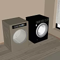 Two White and Black Washing Machines in Modern Home Interior with Wooden Floor