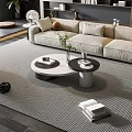 Modern Living Room Interior Beige Sofa And Round Coffee Table Set On Area Rug With Bookshelf