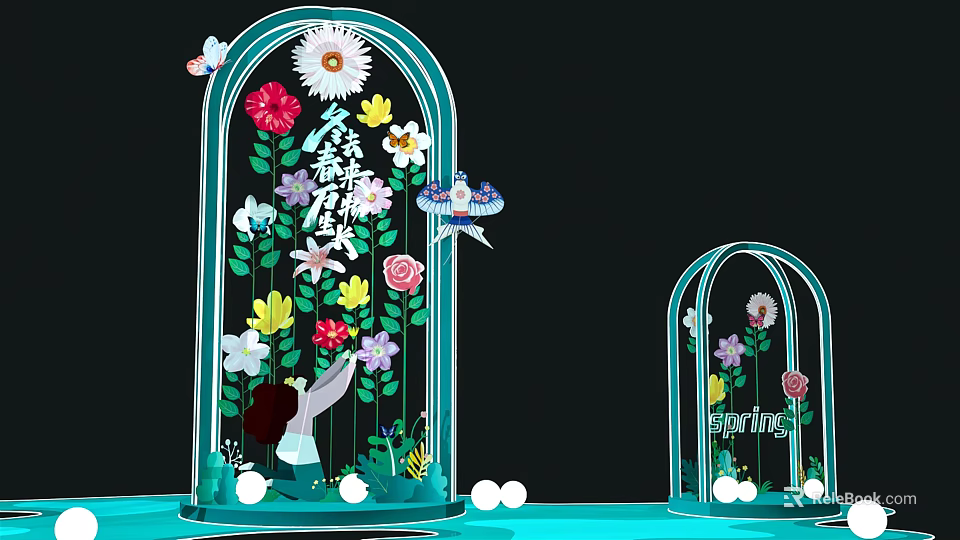 Colorful Birdcage Shaped Decor With Spring Flowers Butterflies Fairy And White Balls 3d model 