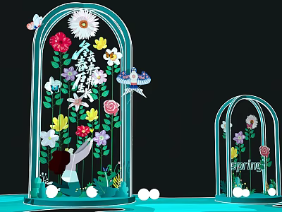 Colorful Birdcage Shaped Decor With Spring Flowers Butterflies Fairy And White Balls 3d model
