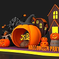 Halloween Party Decorations With Pumpkins Witch Hat Spider Web And House Models 3d model