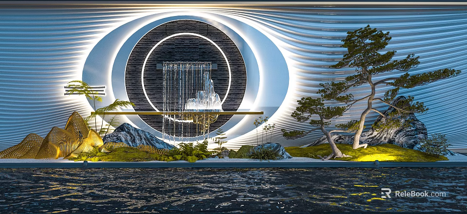 Circular Feature Wall With Ring Light Waterfall Surrounding Green Plants And Stone 3d model