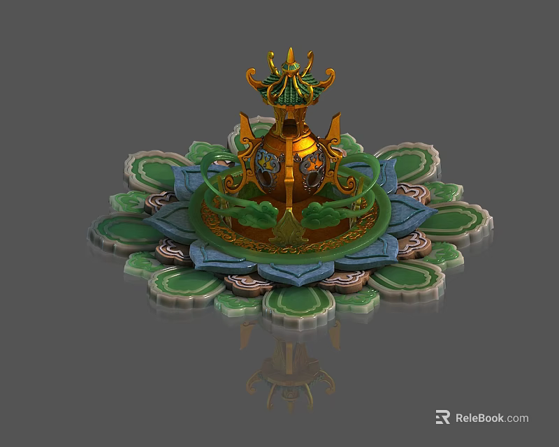 Cartoon Scene With Golden Ornate Container On Green Lotus Base Decorations 3d model