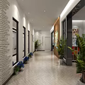 Modern Shop Front Desk in Corridor With Decorative Paintings Green Plants Rug And Chairs