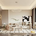 Modern Living Room Interior With Beige Sofa Circular Pendant Light Coffee Table And Area Rug