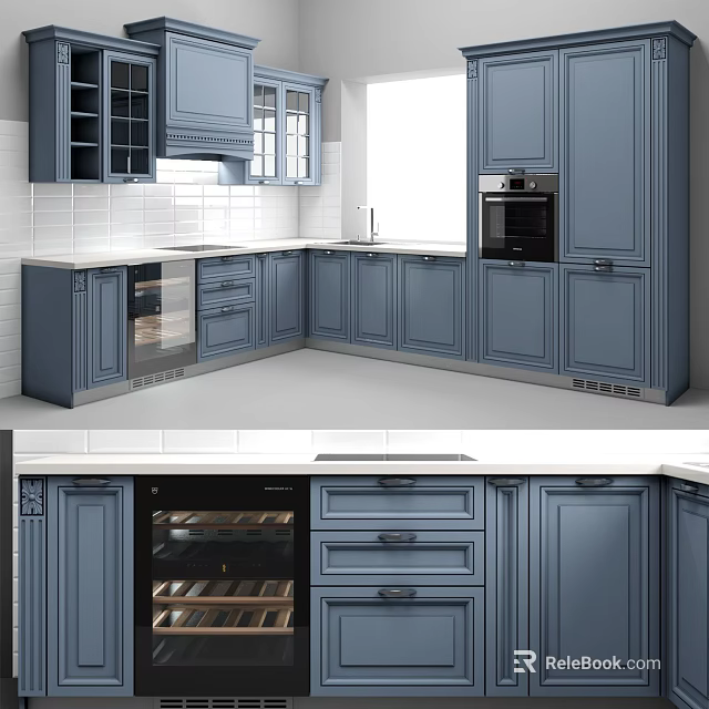 Modern Blue Kitchen Cabinets With White Countertop Oven And Wine Storage 3d model