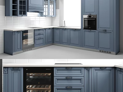 Modern Blue Kitchen Cabinets With White Countertop Oven And Wine Storage 3d model