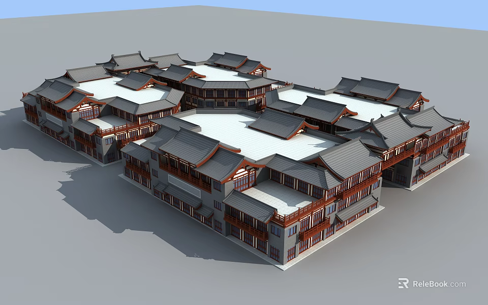 Ancient Chinese Architecture Complex With Traditional Roofs And Symmetrical Courtyard Layout 3d model