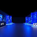 SPD Bank Themed Stage with Illuminated Blue Lighting Branded Display Stands and Digital Screens