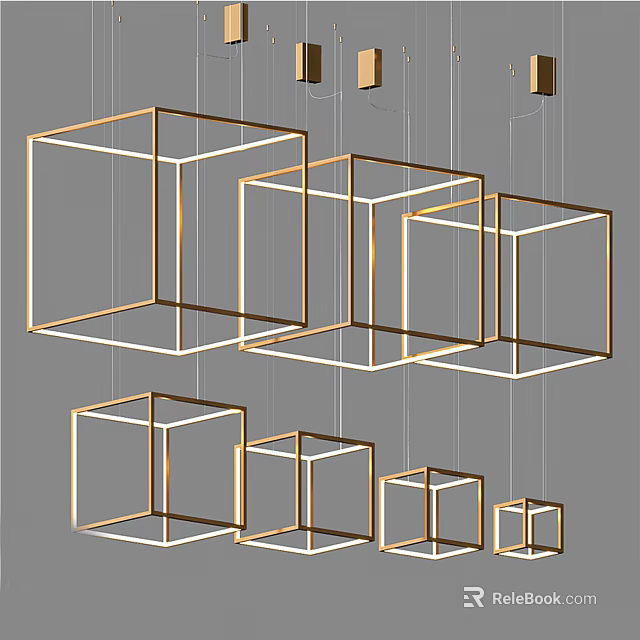 Cube Shaped Chandelier with Golden Lines and Various Sizes Hanging in Interior 3d model 