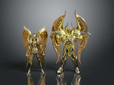 Large And Small Golden Armored Figures With Wings And Ornate Details On Gray Background 3d model