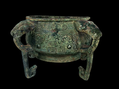 Ancient Chinese Bronze Vessel With Elephant Trunk Handles Three Legged Base And Intricate Carvings 3d model