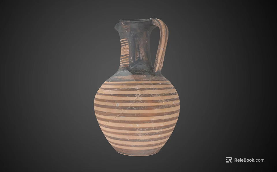Traditional Handcrafted Ceramic Vessel With Spout Handle And Brown Black Striped Pattern 3d model 