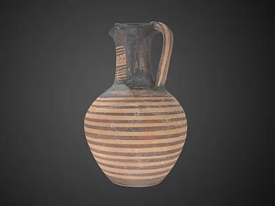 Traditional Handcrafted Ceramic Vessel With Spout Handle And Brown Black Striped Pattern 3d model