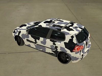 Camouflage Patterned Hatchback Car With Roof Rack And Black Wheels On Gray Concrete 3d model