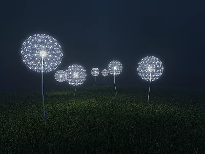 Dandelion Shaped Outdoor Lights With White Glow Standing In Grass Field At Night 3d model