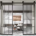Modern Glass Sliding Doors With Black Frame For Living Room Interior Design