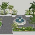 Well Designed Park Landscape With Central Fountain Palm Trees Stone Pavement And Lush Greenery