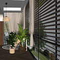 Cozy Home Balcony Interior Design With Wicker Chair Pendant Lamp Plant Wooden Blinds And Sunlight