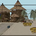 Traditional Thatched Huts On Sandy Beach With Palm Trees Wooden Structures And Small Boats