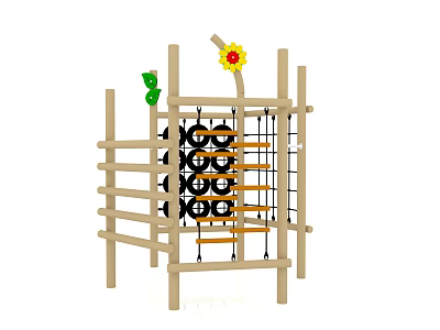 Playground Equipment With Wooden Frame Tires Climbing Ropes Sunflower And Green Leaves 3d model