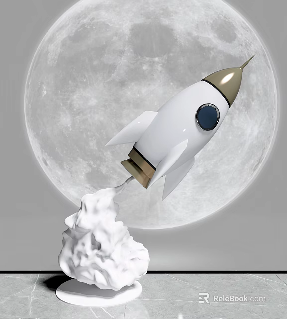 Stylish Decorative Ornament Set Featuring Rocket with Moon Background and White Smoke 3d model 