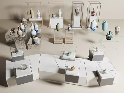 Modern Display Cabinets With Glass Doors And Shelves Showcasing Vases In Interior Setup 3d model