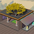 Traditional Pergola with Colorful Painted Beams Ornate Columns and Yellow Tree Backdrop