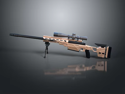 Golden Sniper Rifle with Scope and Tripod on Gray Background with Reflection 3d model
