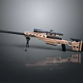 Golden Sniper Rifle with Scope and Tripod on Gray Background with Reflection