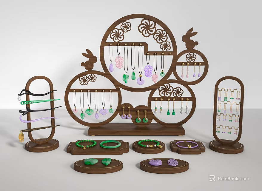 Elegant Jewelry Accessories With Green Purple Gemstone Necklaces Bracelets Earrings On Wooden Racks 3d model 