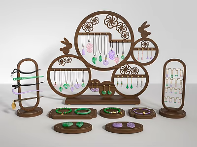 Elegant Jewelry Accessories With Green Purple Gemstone Necklaces Bracelets Earrings On Wooden Racks 3d model