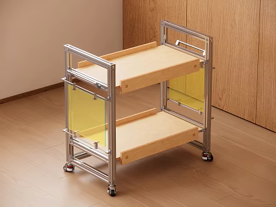 Modern Mobile Side Cart with Silver Metal Frame Light Wood Shelves and Yellow Panels 3d model
