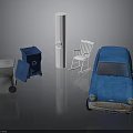 Gray Trash Bin Blue Recycling Bin White Column Rocking Chair And Vintage Car
