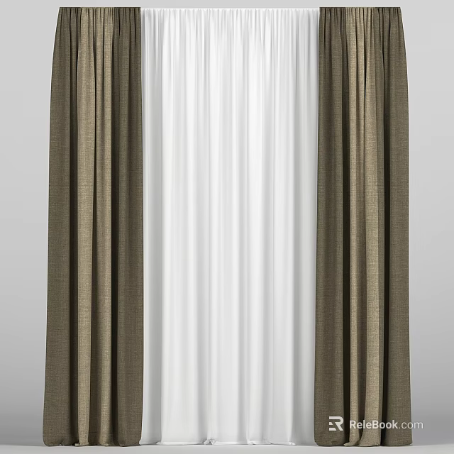 Modern Two Layer Curtains With Brown Thick Panels And White Sheer Lining 3d model