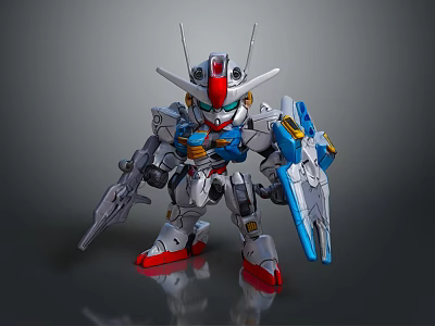 Chibi Style Anime Game Character With Silver Blue Red Armor Holding Weapons And Antenna 3d model