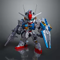 Chibi Style Anime Game Character With Silver Blue Red Armor Holding Weapons And Antenna