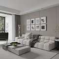 Modern Living and Dining Room Interior With Large Windows Marble Wall Sofa And Decorative Paintings