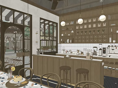 Cozy Restaurant Interior with Wooden Bar Counter Stools Hanging Lights Large Windows and Patterned Floor 3d model