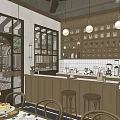 Cozy Restaurant Interior with Wooden Bar Counter Stools Hanging Lights Large Windows and Patterned Floor