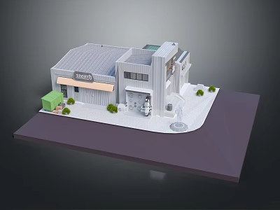 Cartoon Style Coffee Shop Building Scene With Green Plants Modern Design And Entrance Platform Base 3d model