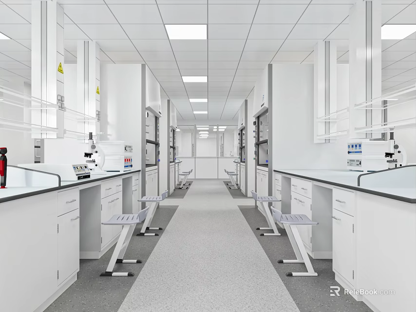 Modern Laboratory Interior Design With White Cabinets Lab Benches And Microscopes 3d model