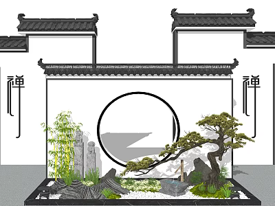 Chinese Zen Indoor Landscape With Moon Gate Rockery Bamboo And Pine Tree 3d model